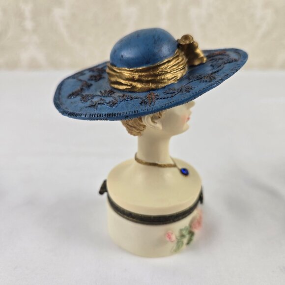 Set of 2 Trinket Boxes Ladies Wearing Hats Floral Accents on Base Resin Crystal - Picture 6 of 16